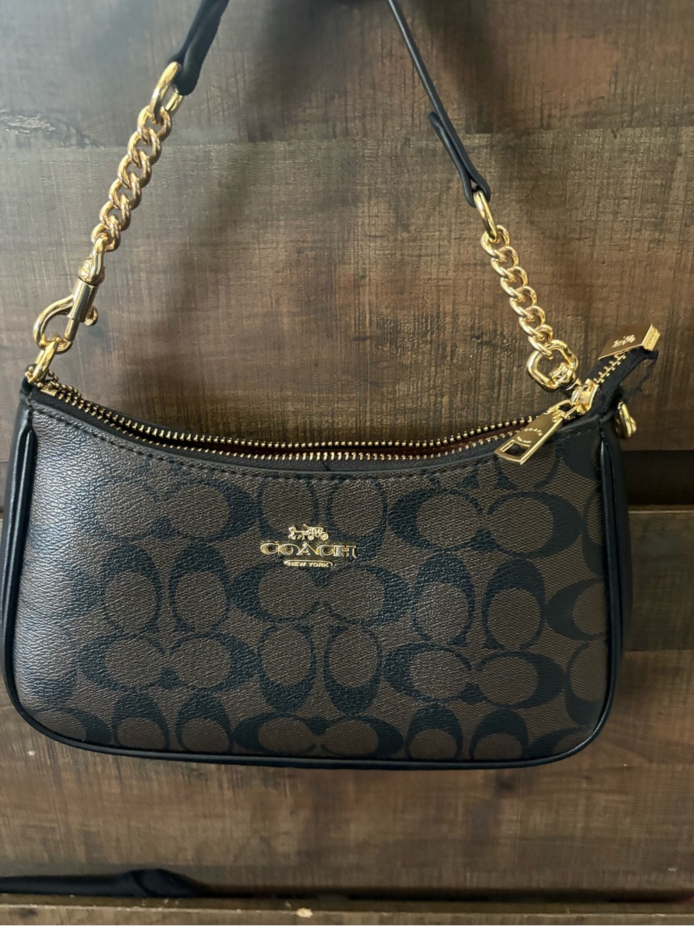 Coach Brown and Black Signature Canvas Chain Shoulder Bag